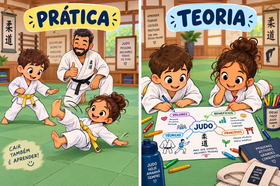 Crianças treinando judô e estudando com mapas mentais
